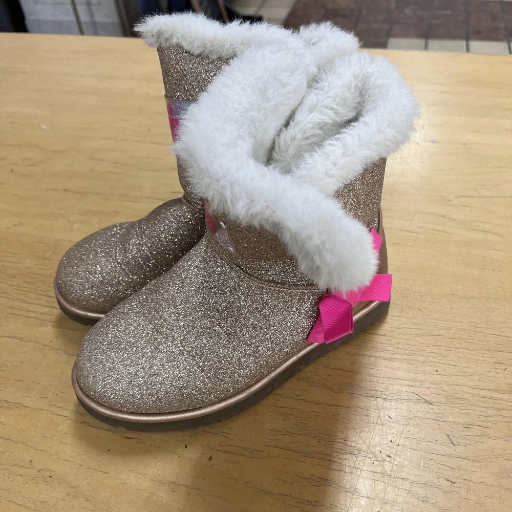 Juicy Couture Snow Boots Girls Size 3 Gold‎ Glitter Faux Fur Lined Pink Bows